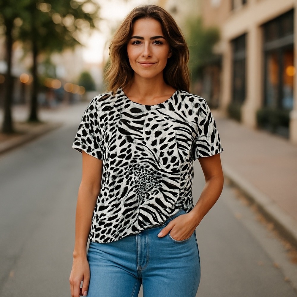 Alfred Dunner Animal Print Top Zebra Leopard Short Sleeve Tee Shirt S